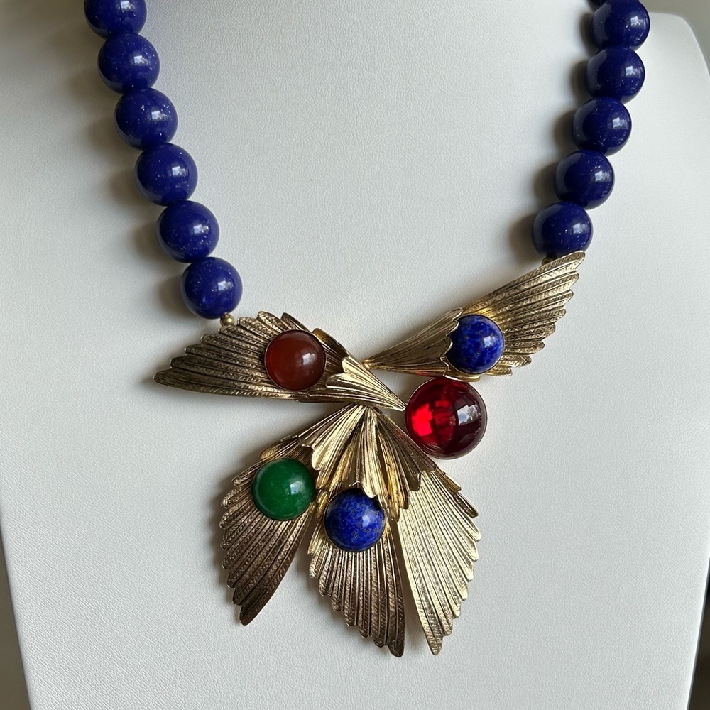 Elegant Gold and Blue acrylic Beaded Necklace with Multicolor Accents.